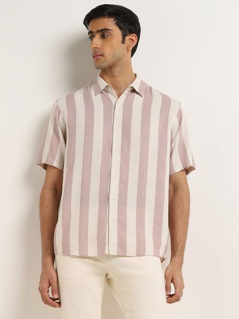 ascot by westside dusty pink striped relaxed-fit blended linen shirt