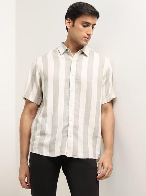 ascot by westside grey striped blended linen relaxed-fit shirt