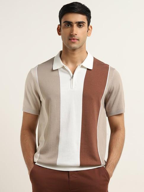 ascot by westside light taupe colour-blocked relaxed fit t-shirt