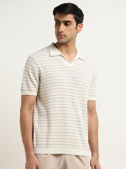 ascot by westside off-white striped design relaxed-fit cotton t-shirt