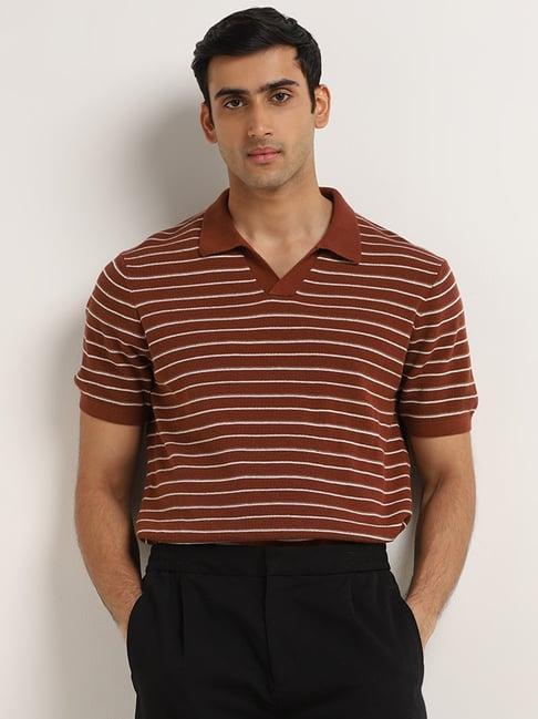 ascot by westside rust striped textured relaxed-fit polo cotton t-shirt