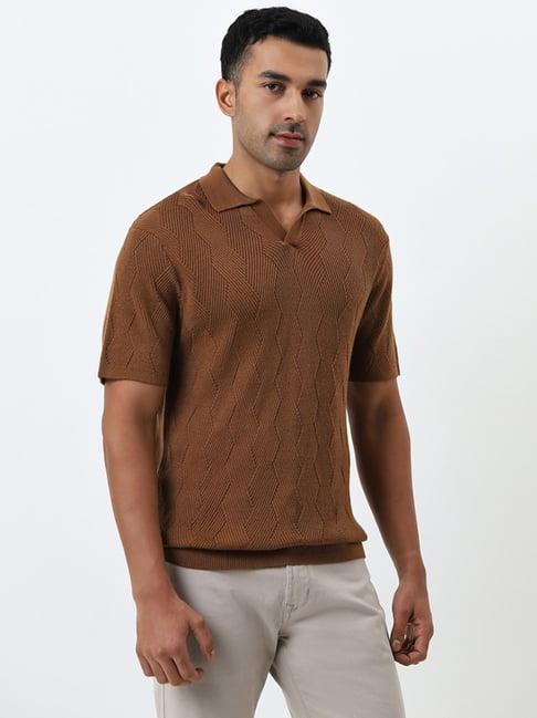 ascot by westside tan knit-textured relaxed-fit polo t-shirt