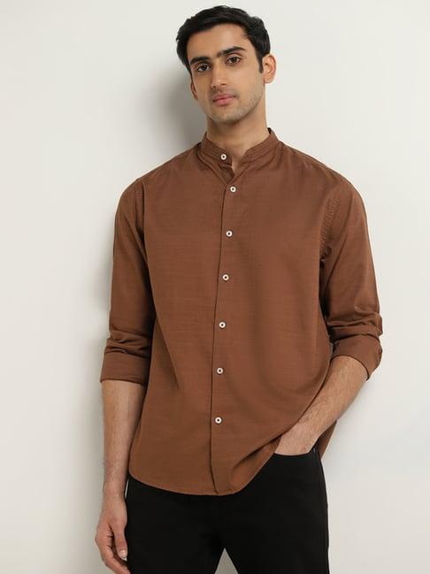 ascot by westside tan solid relaxed-fit cotton shirt