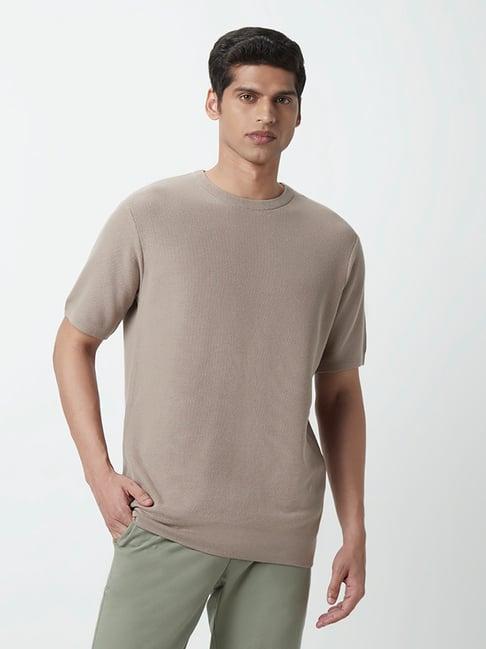 ascot by westside taupe pure cotton relaxed-fit t-shirt