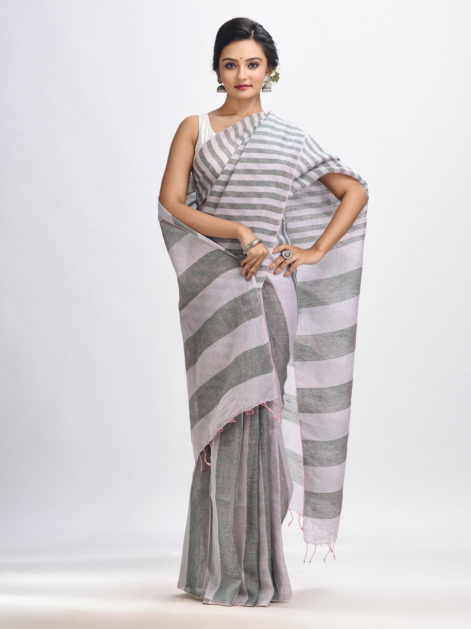 ash & light grey stripes hand woven linen handloom saree with unstitched blouse