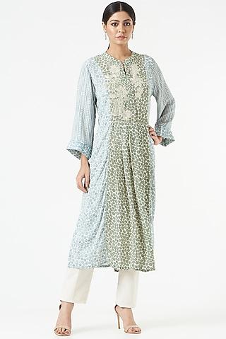 ash blue & olive green embroidered tunic