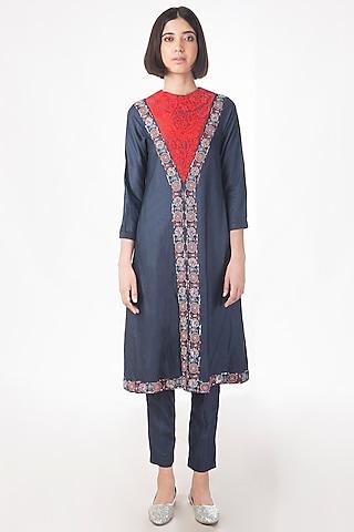 ash blue machine & hand embroidered kurta set