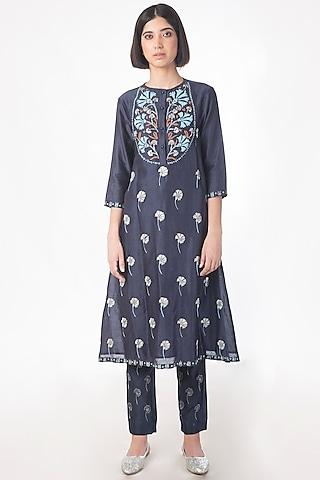 ash blue machine & hand embroidered kurta set