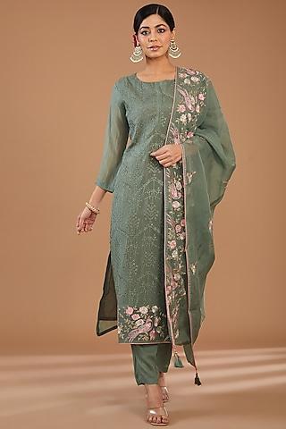 ash green organza thread work kurta set