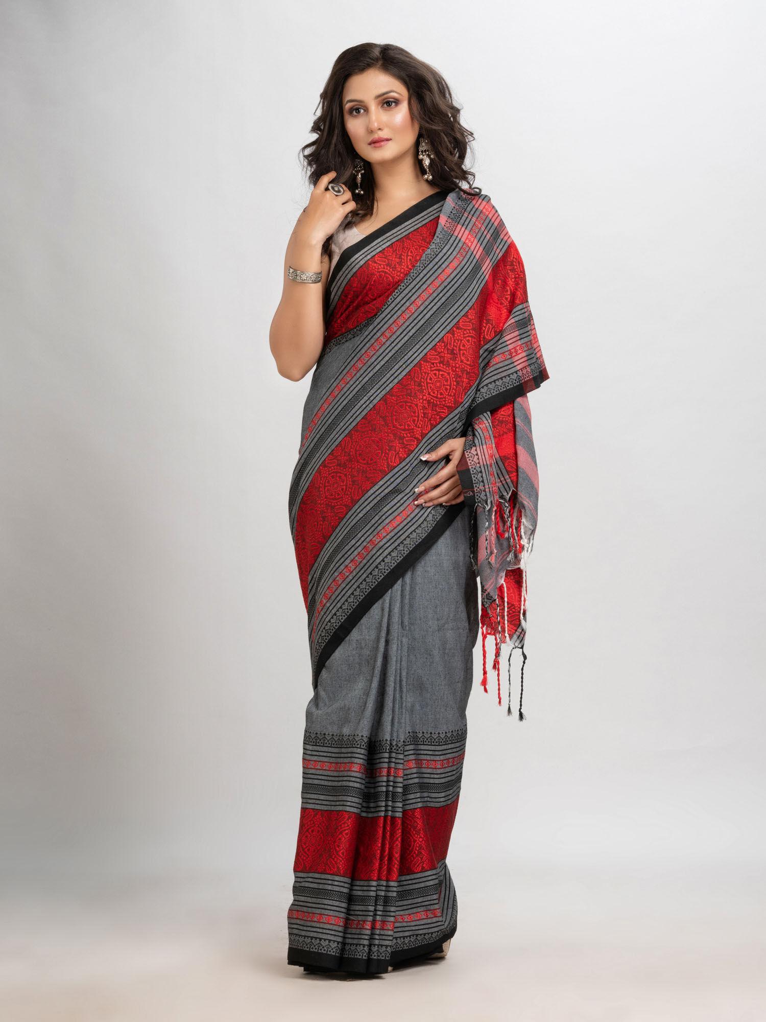 ash grey begampuri organic cotton saree with unstitched blouse