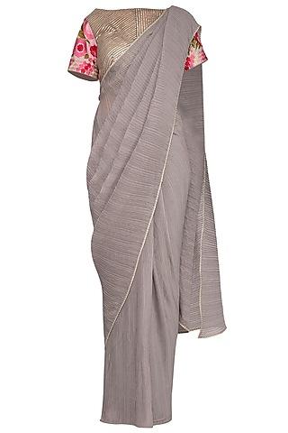 ash grey embroidered saree set