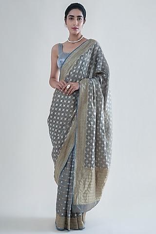 ash grey handwoven banarasi saree set