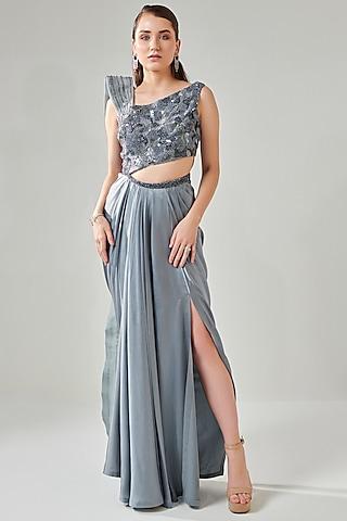 ash grey satin embellished draped saree gown