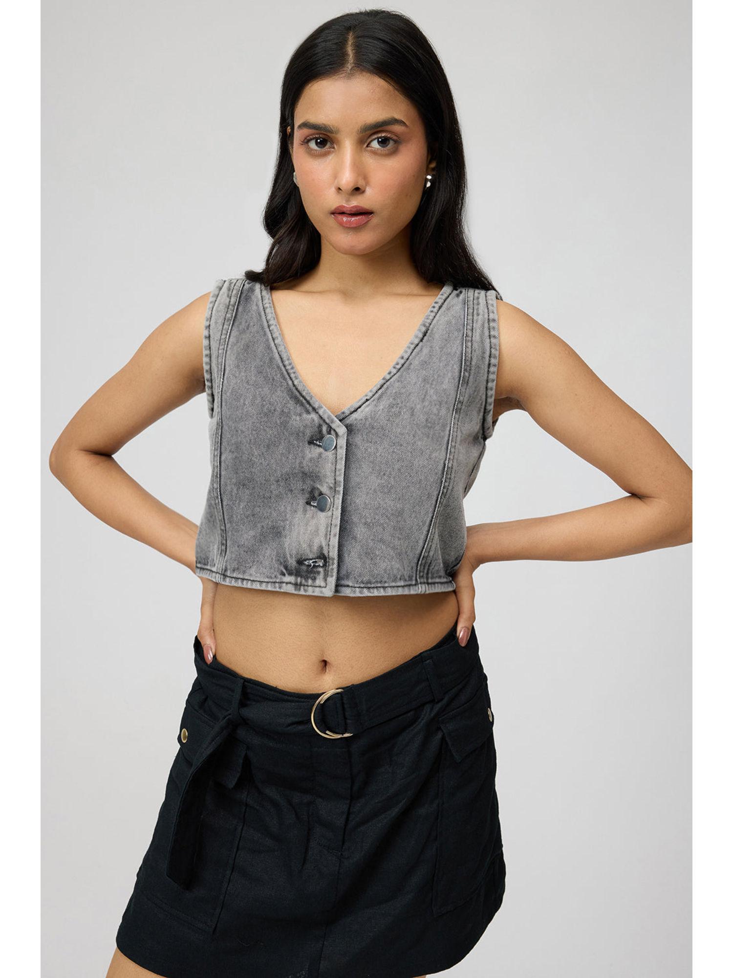 ash grey waistcoat style crop top