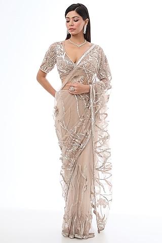 ash peach tulle net sequins hand embroidered saree set