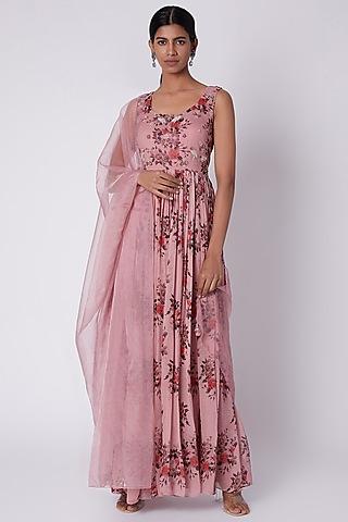 ash rose printed anarkali with dupatta