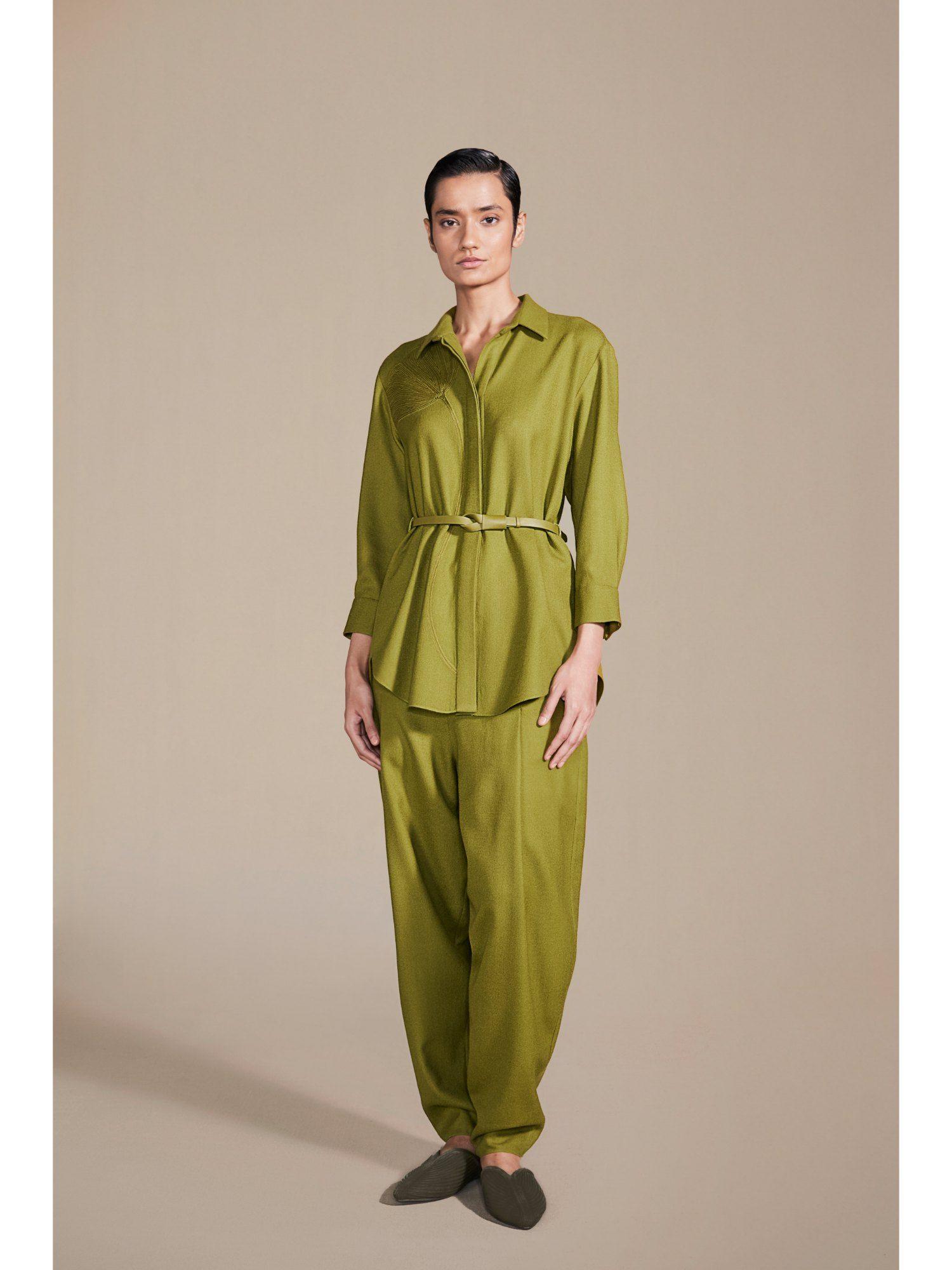 ashia olive shirt & pant with belt co-ord (set of 3)