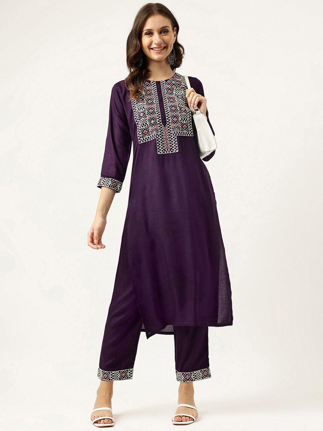 ashlee women ethnic motifs embroidered regular straight kurta with trousers