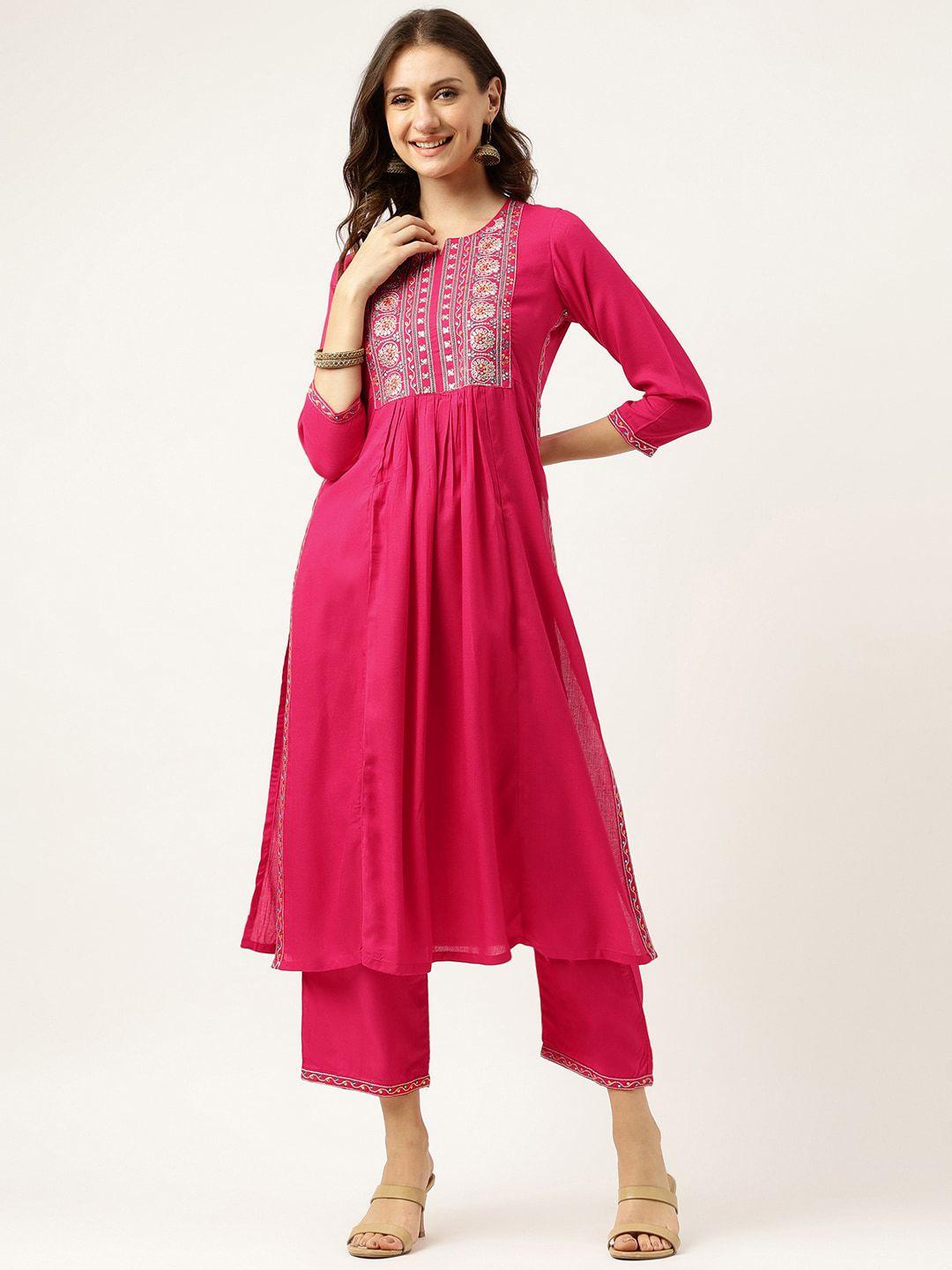 ashlee women pink ethnic motifs embroidered empire thread work kurta with trousers