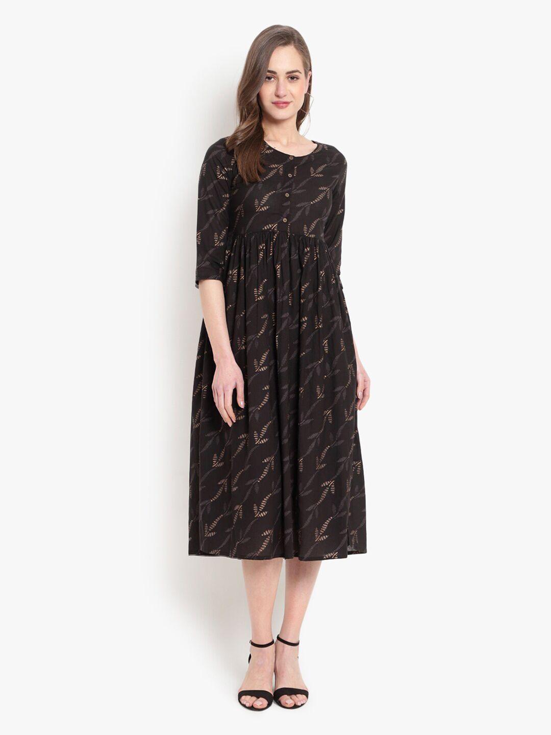 ashlee black floral ethnic cotton midi dress