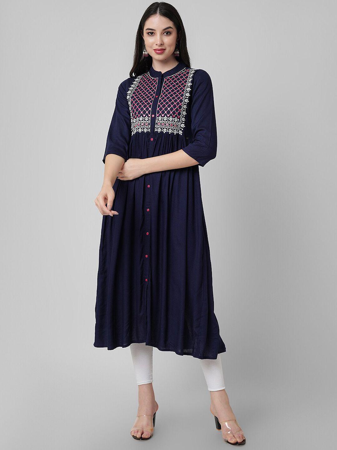 ashlee ethnic motifs embroidered mirror work band collar a-line kurta