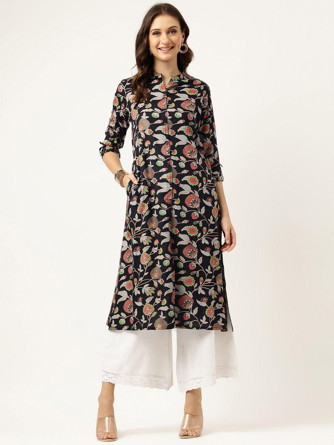 ashlee floral printed mandarin collar panelled kurta