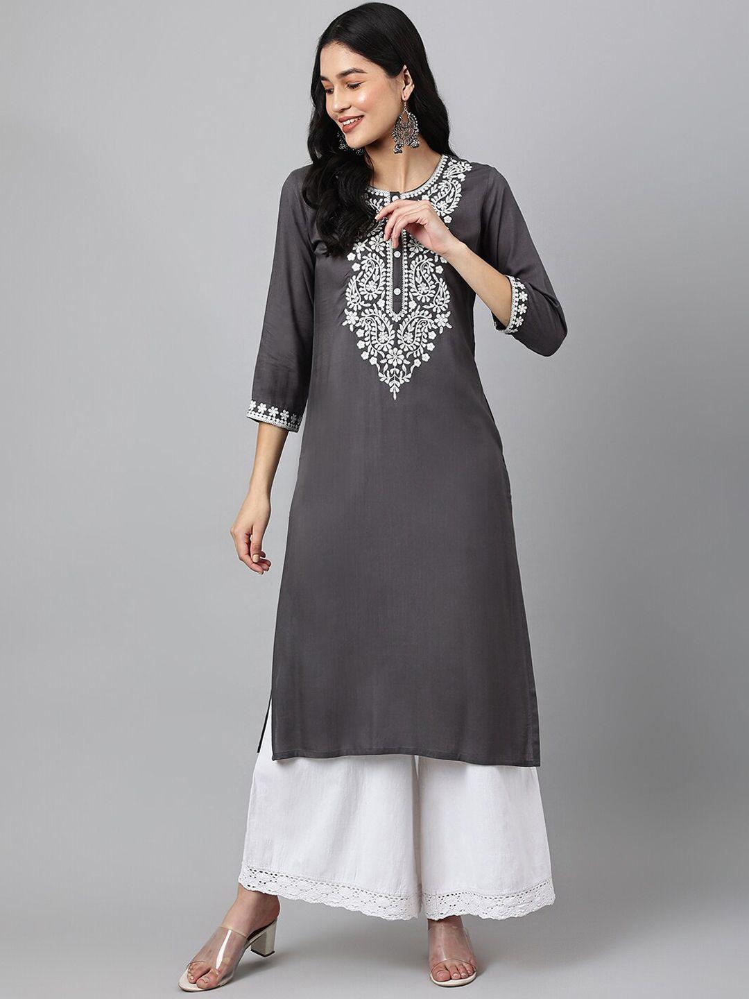 ashlee grey & white ethnic motifs embroidered thread work kurta