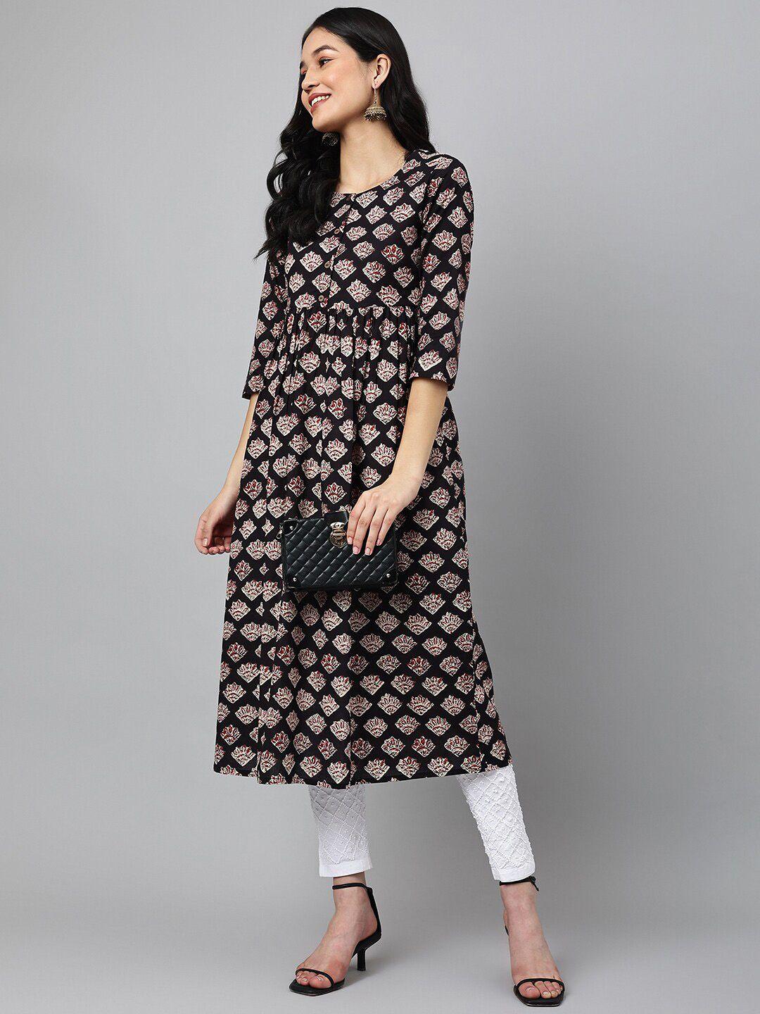 ashlee women black ethnic motifs printed cotton kurta