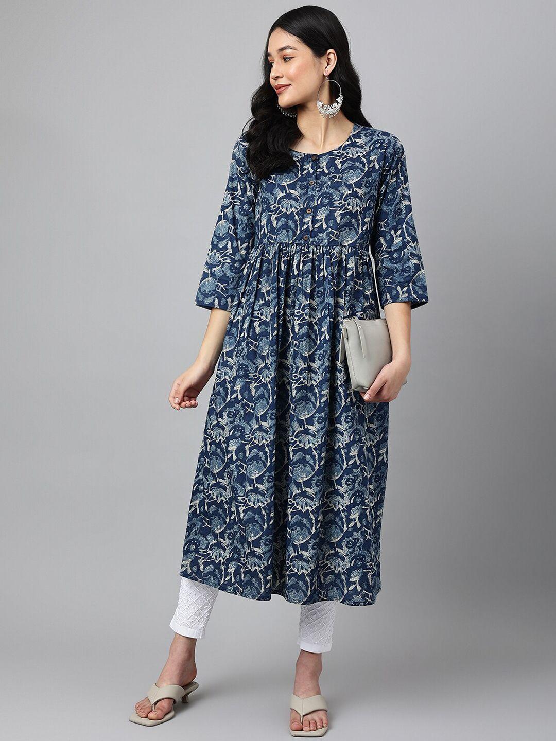 ashlee women blue ethnic motifs printed cotton kurta