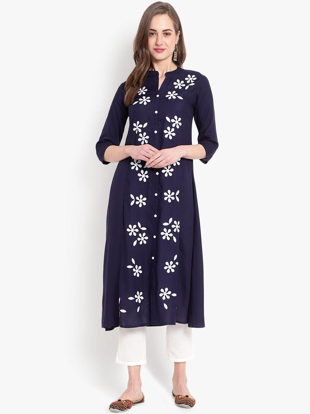 ashlee women blue floral embroidered thread work floral kurta