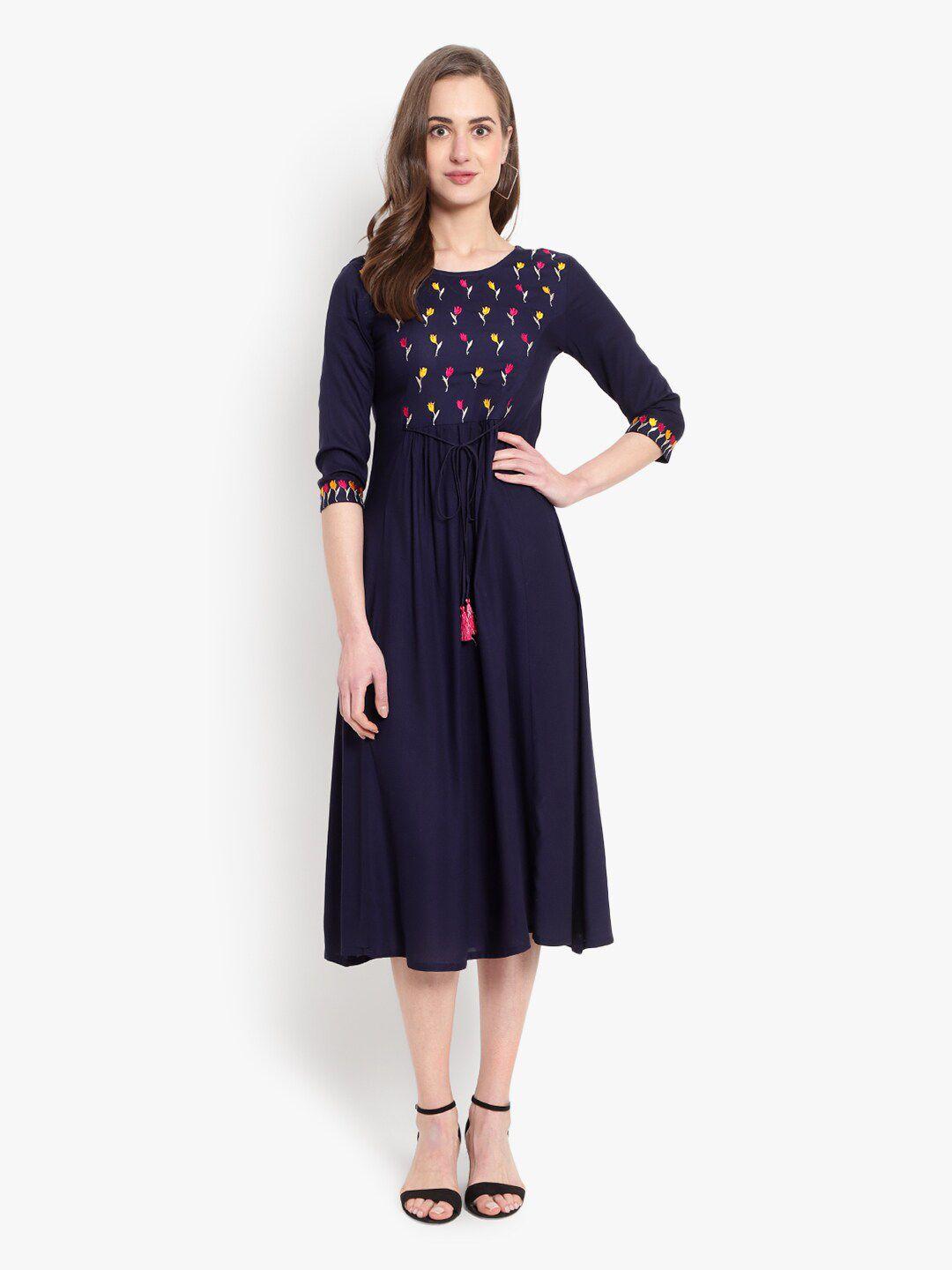 ashlee women navy blue floral embroidered rayon midi dress