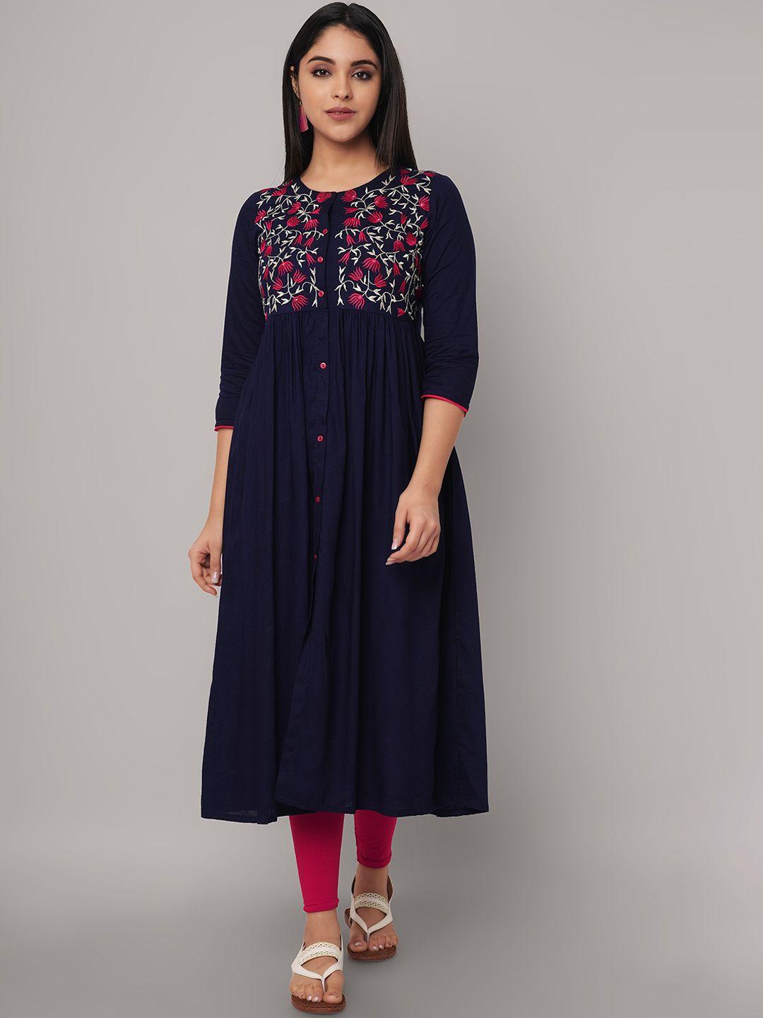 ashlee women navy blue floral yoke design thread work anarkali kurta