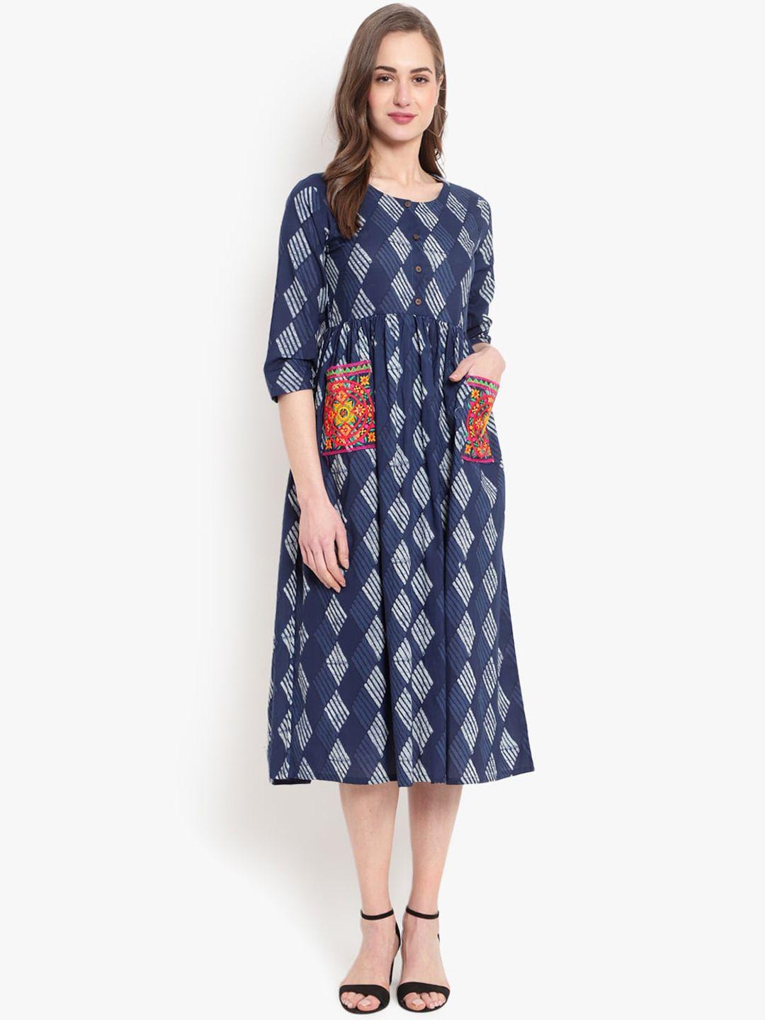 ashlee women navy blue printed anarkali