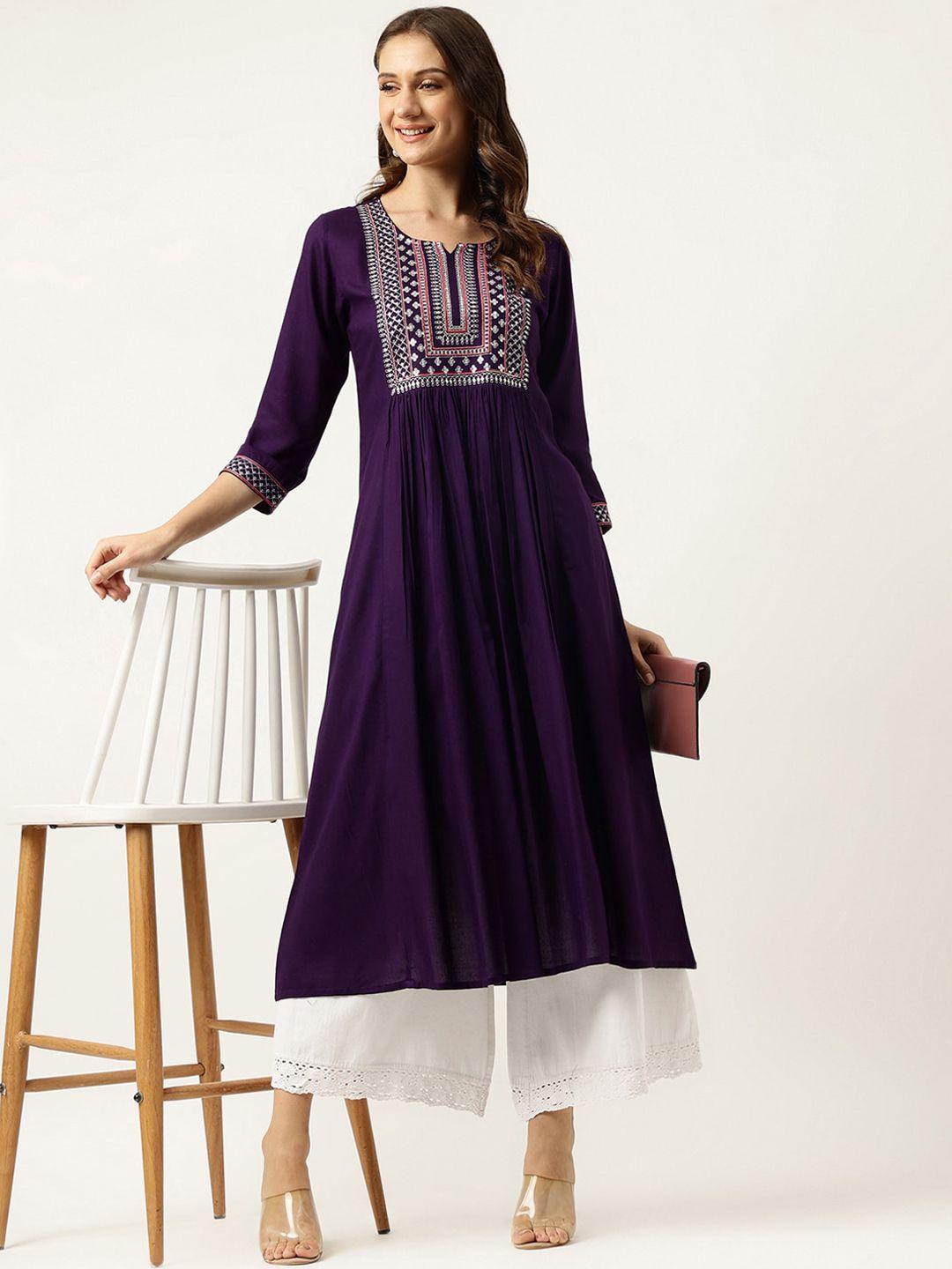 ashlee women purple yoke design flared sleeves thread work anarkali kurta