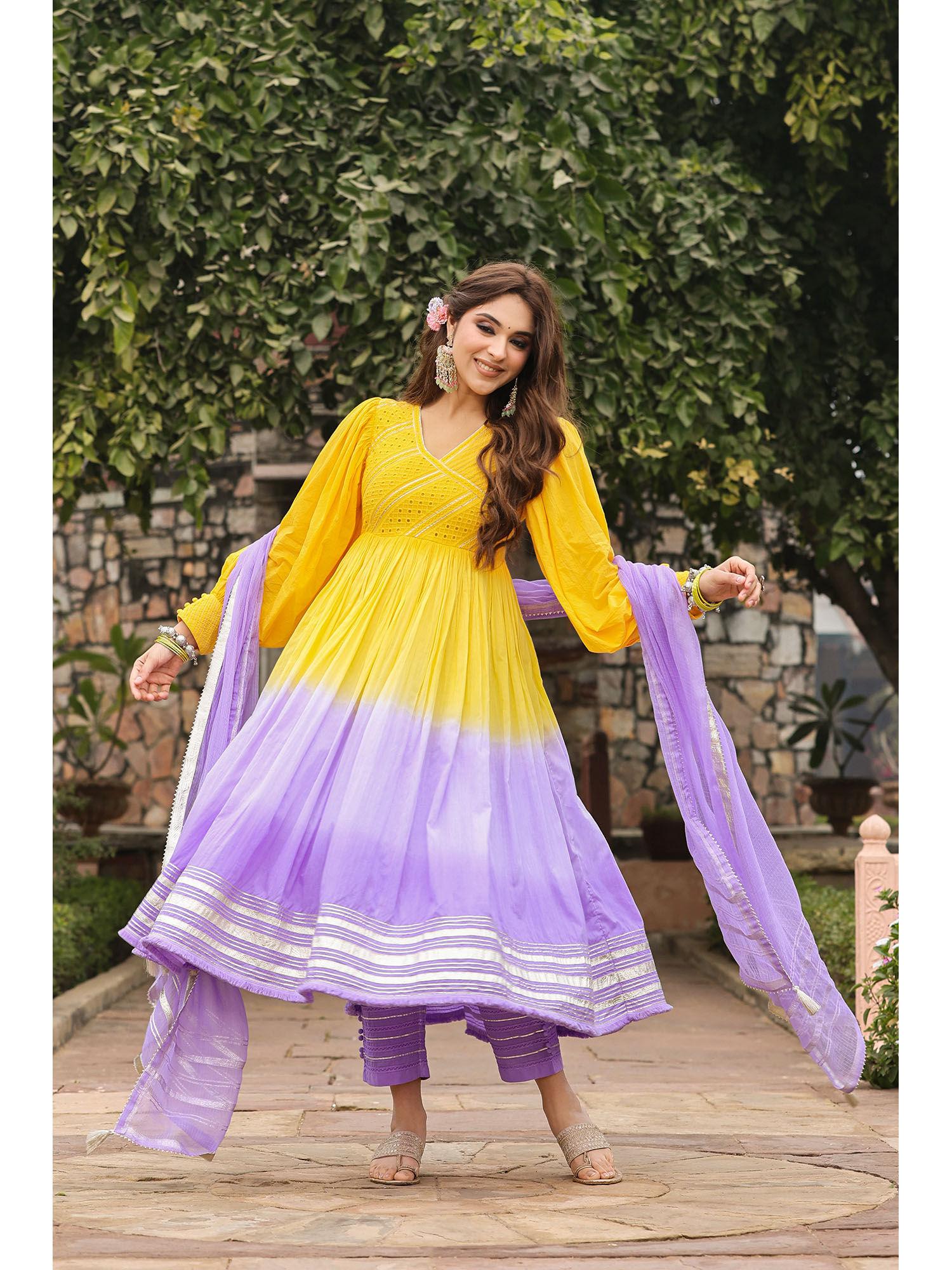 ashmi yellow lavender ombre gota lace kurta with pant & dupatta (set of 3)