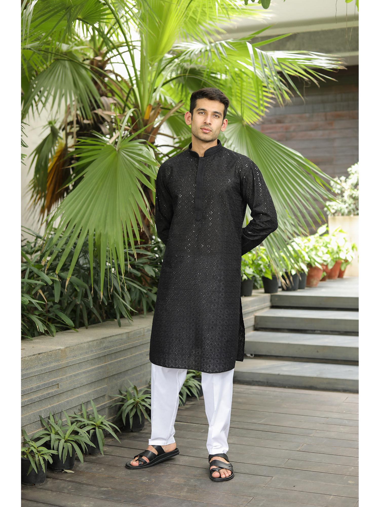 ashra chikankari cotton straight men kurta with sequin