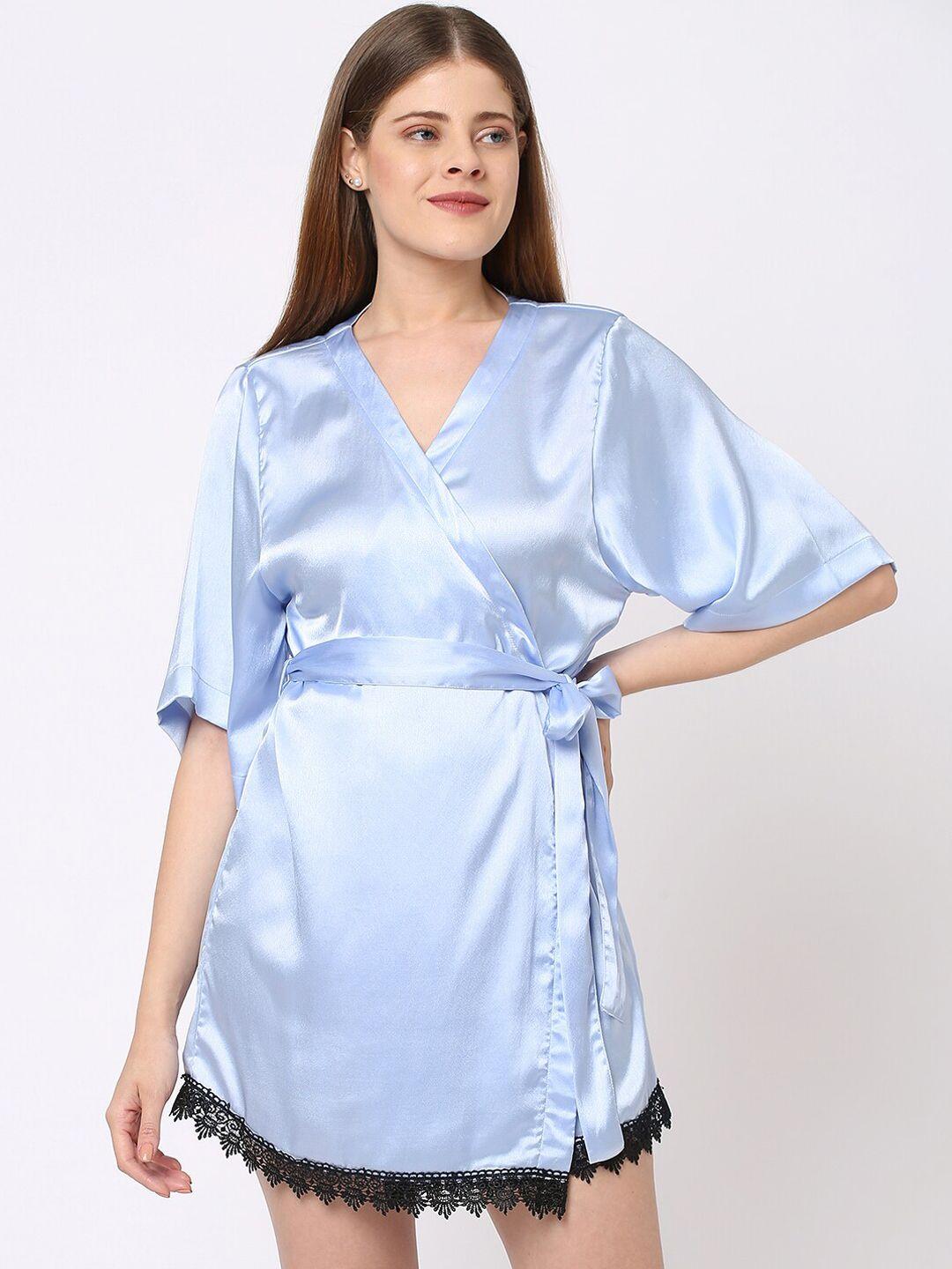 ashtag women ice blue solid satin bath robe with belt