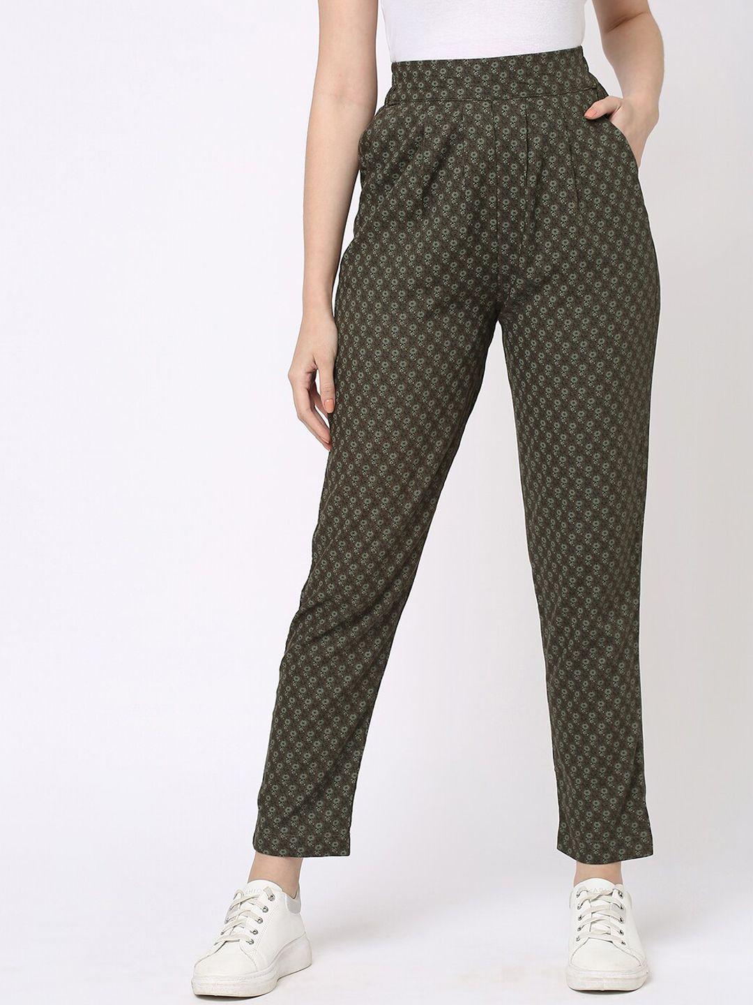 ashtag women olive green printed relaxed straight leg straight fit easy wash trousers