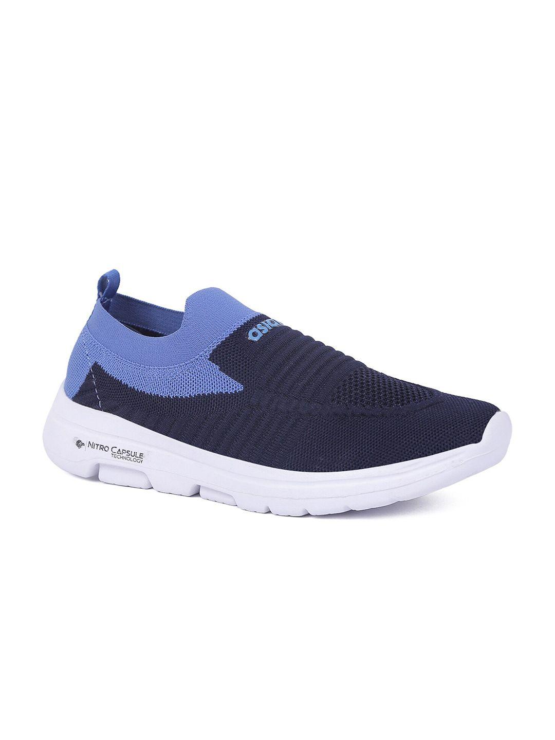 asian men navy blue colourblocked slip-on sneakers