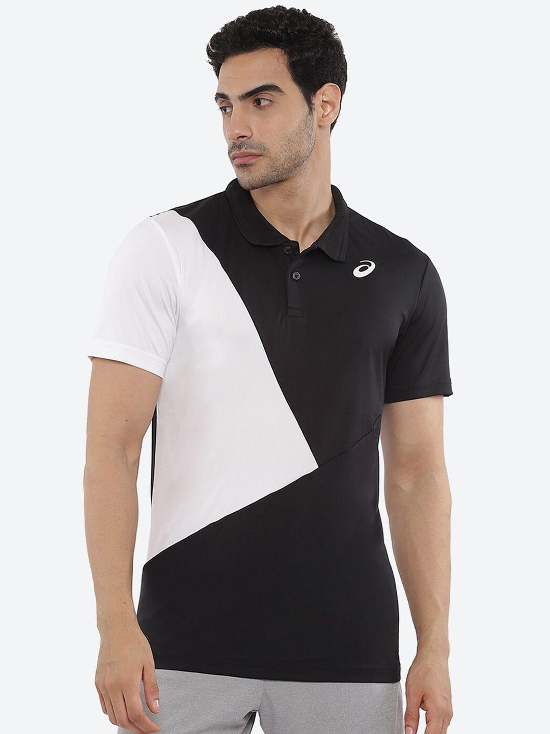 asics men black & white colourblocked polo collar t-shirt