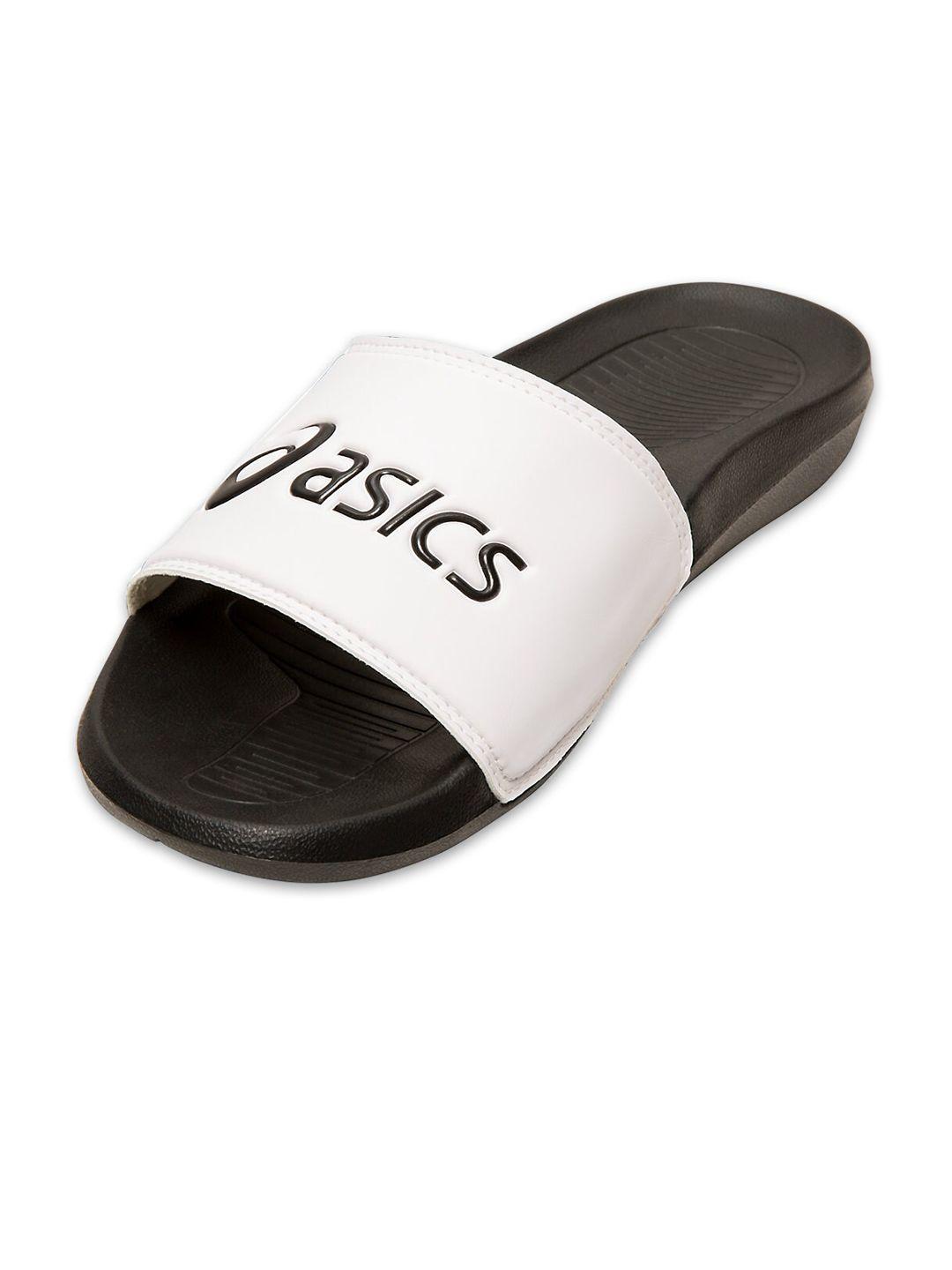 asics as003 unisex white black printed sliders flip flops