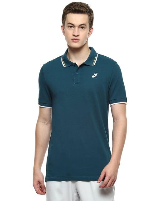 asics dual tipping teal blue regular fit sports polo t-shirt