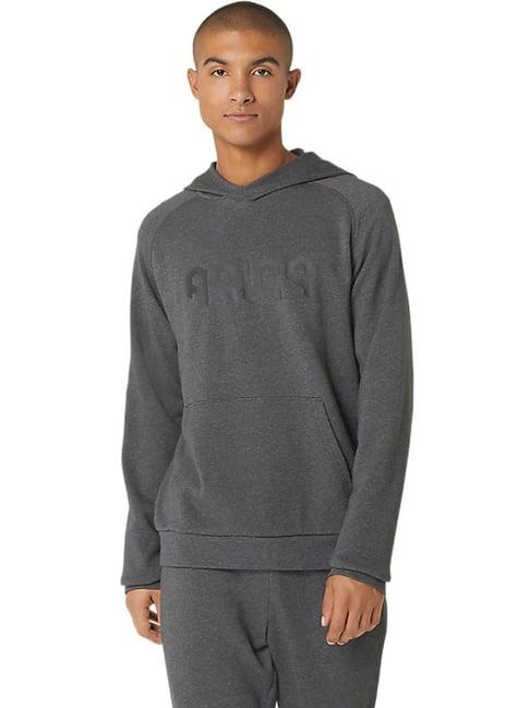 asics graphite grey heather regular fit printed hooded sweatshirt