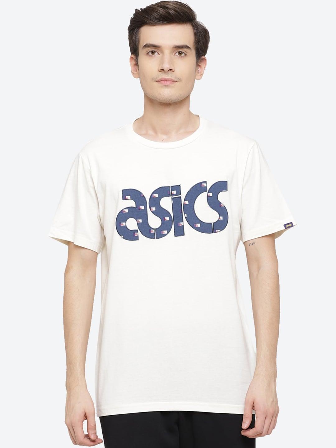 asics jsy washer mix ss men cream-coloured typography printed walking t-shirt