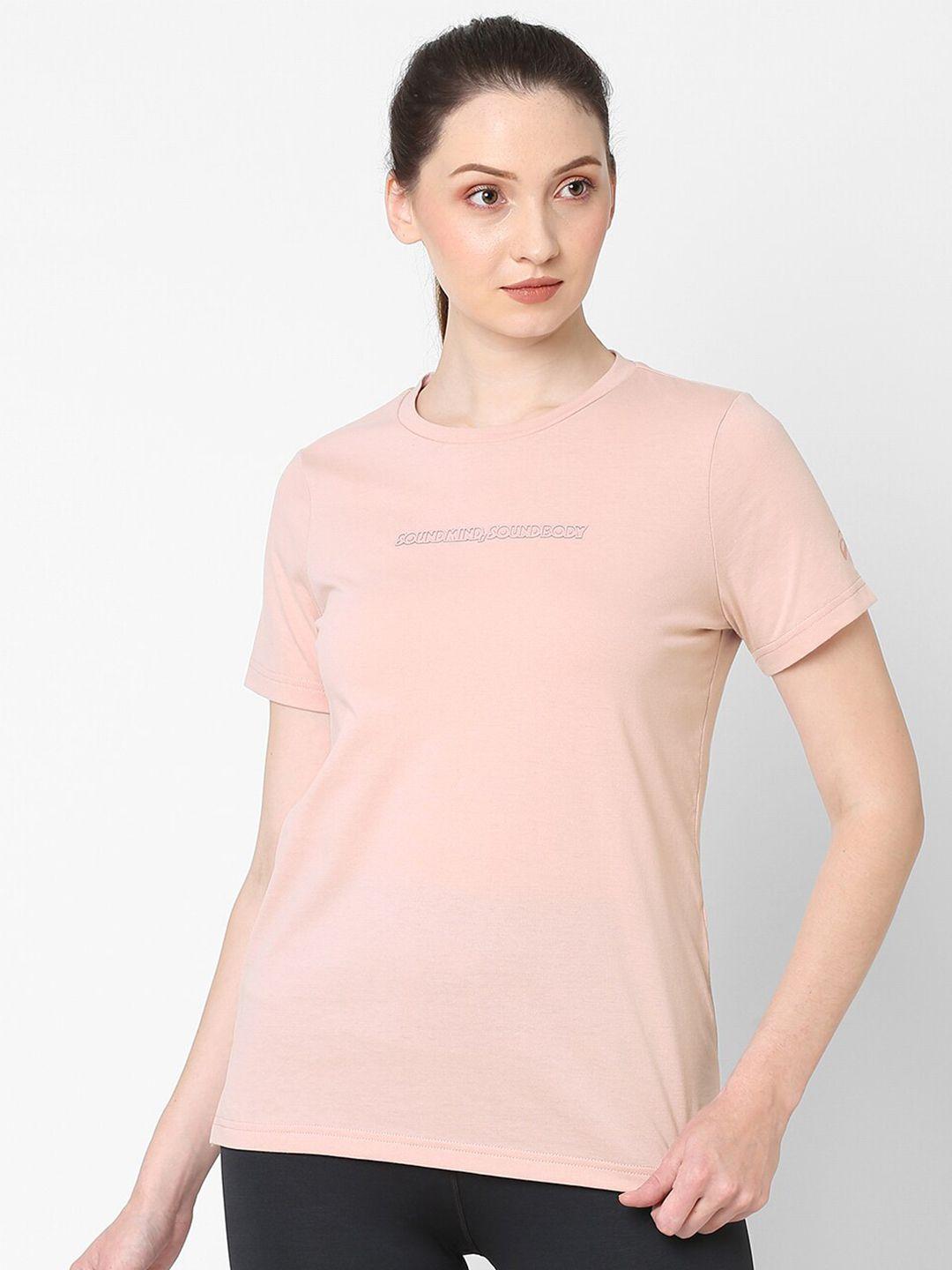 asics logo graphic women peach-coloured typography t-shirt