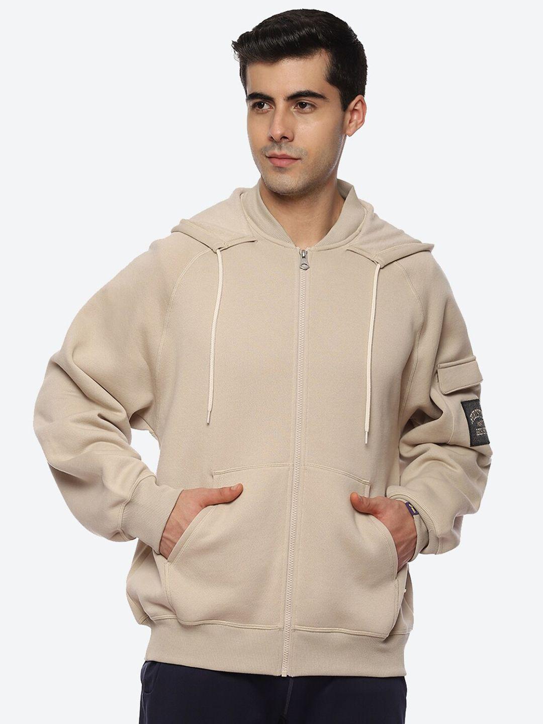 asics men beige brushed french terry full zip hooded sweatshirt