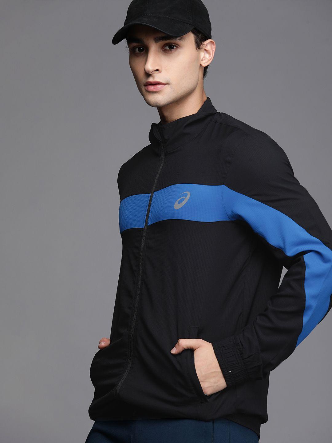 asics men black & blue lightweight sporty running jacket