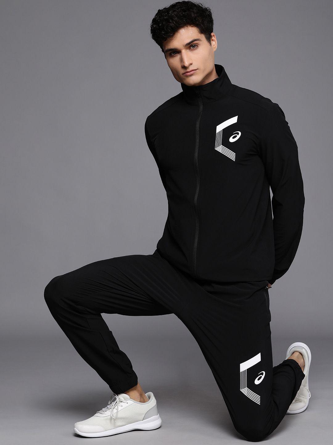 asics men black brand logo printed long sleeve open front tracksuit