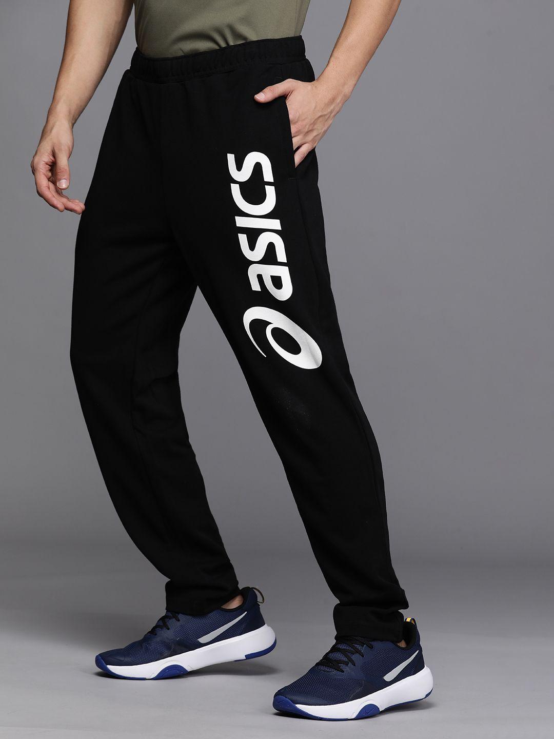asics men black brand logo printed slim fit big graphic regular running track pants