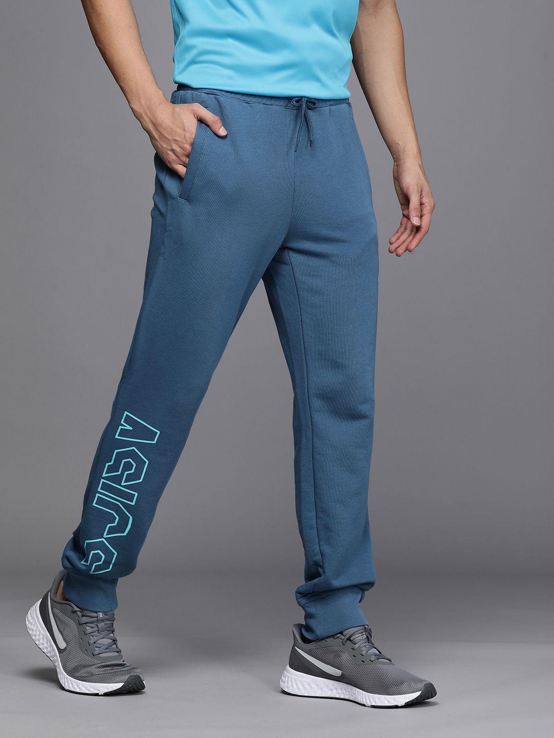 asics men blue brand logo printed mid-rise big graphic regular joggers